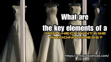 What are the key elements of a high-neck vintage wedding dress?